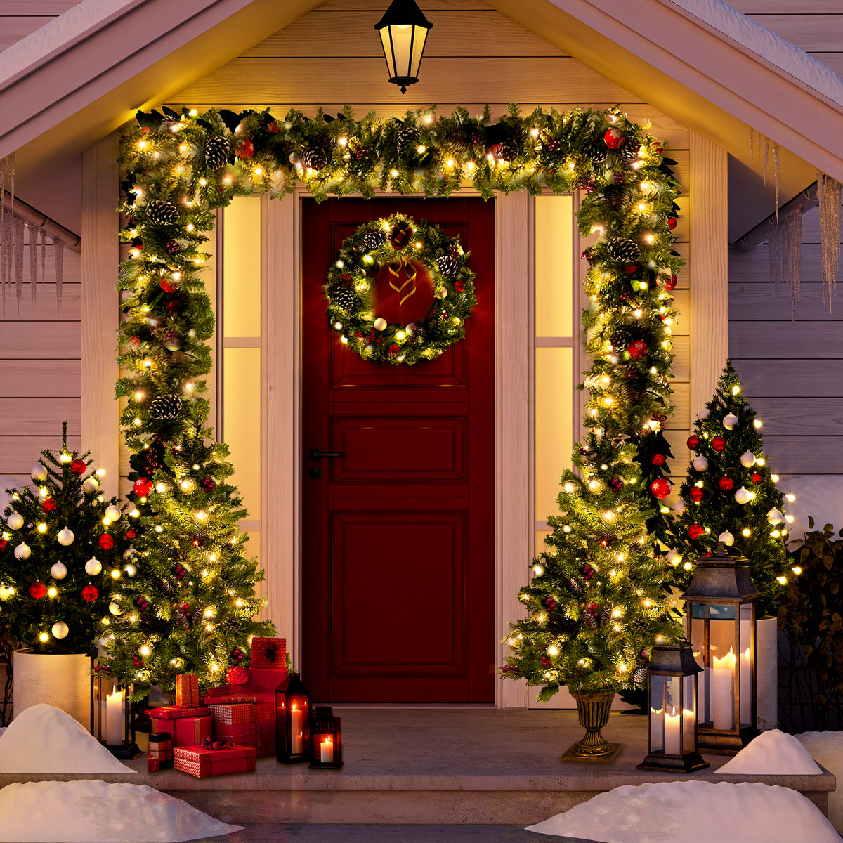 Front door framed with the lit garland, wreath and entrance trees
