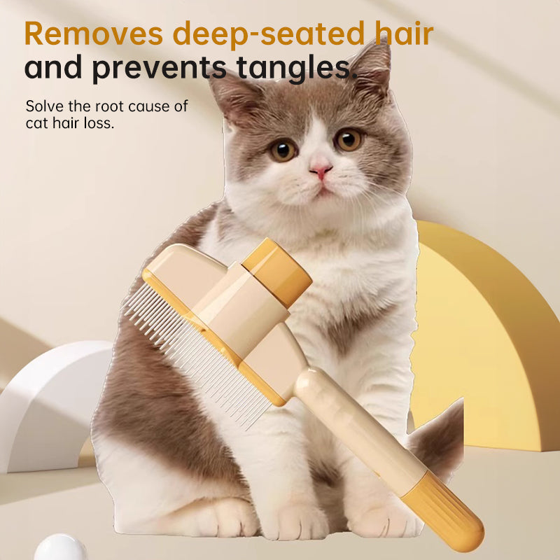 Cat sitting with the self-cleaning grooming brush — removes loose hair and tangles