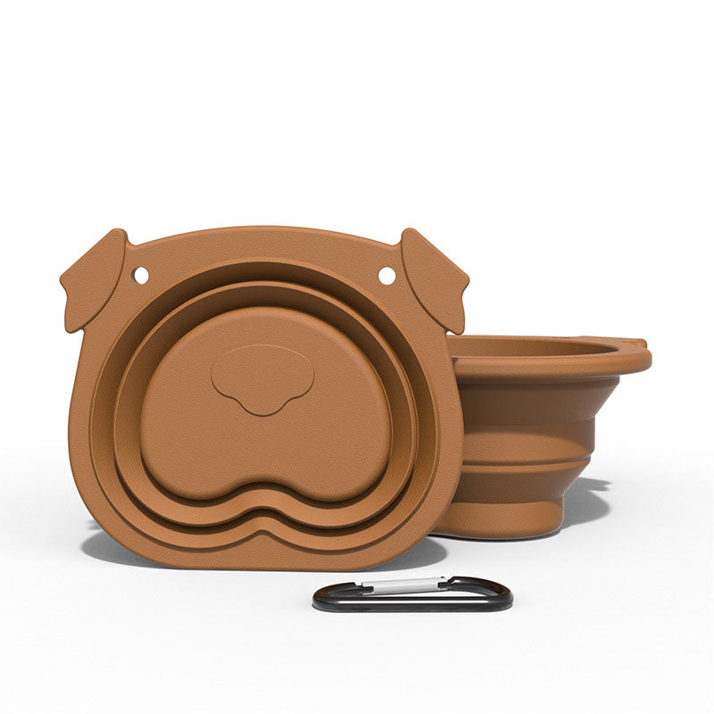 Silicone folding travel dog bowl shown folded and open, with carabiner clip