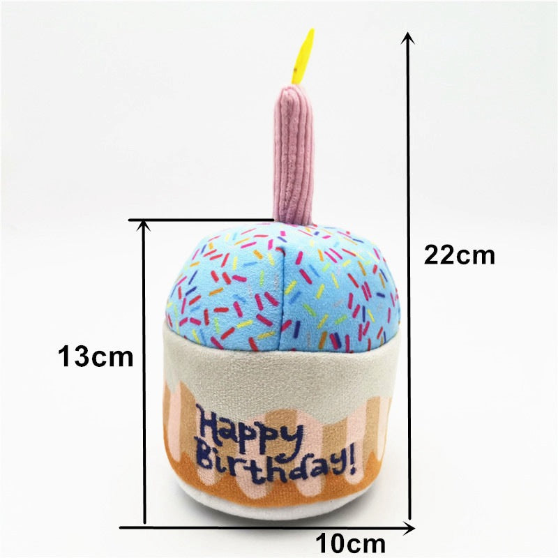 Birthday cupcake plush dog toy with a candle — about 22 cm tall