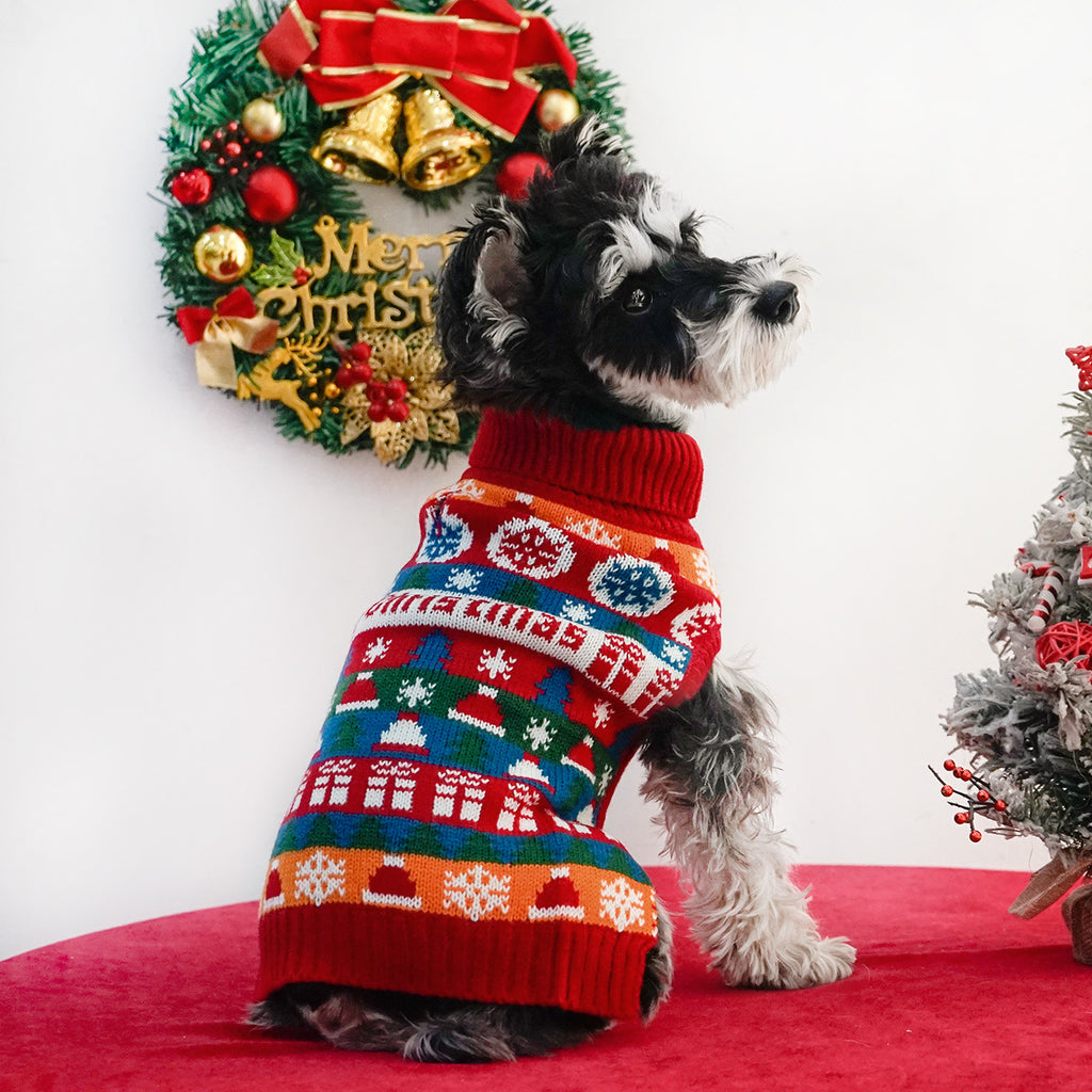 Schnauzer wearing the festive turtleneck dog sweater, side view with Christmas wreath