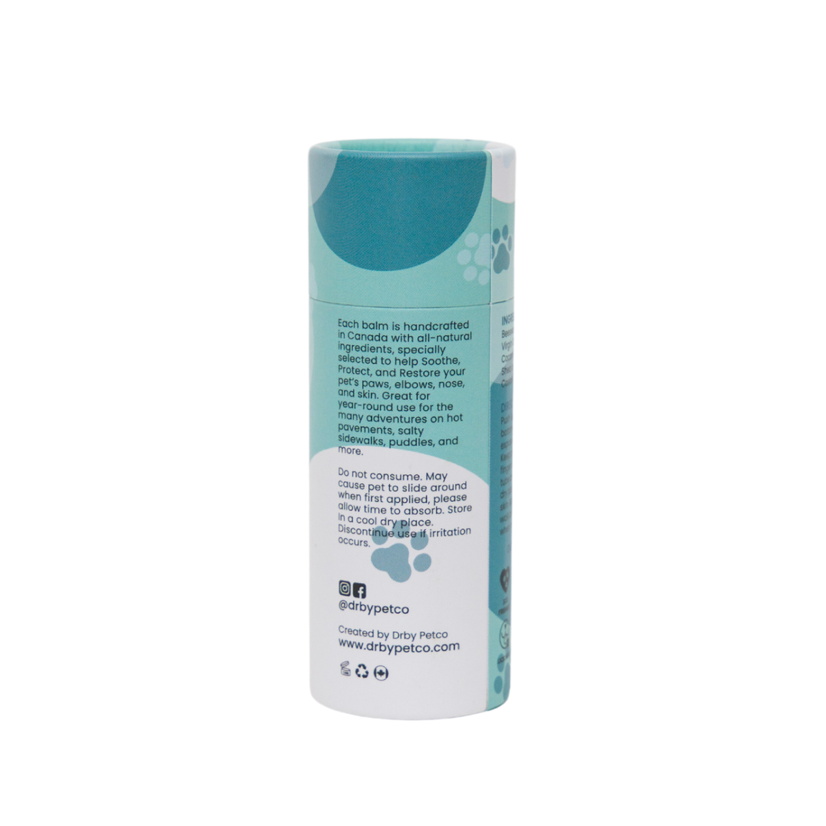Drby paw balm tube back label with directions
