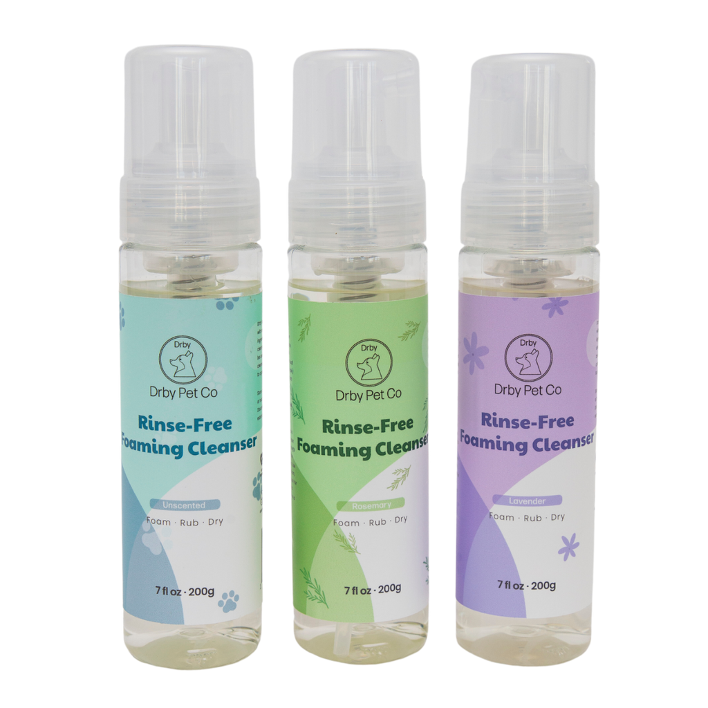 Drby rinse-free foaming cleanser in three scents — bottles side by side