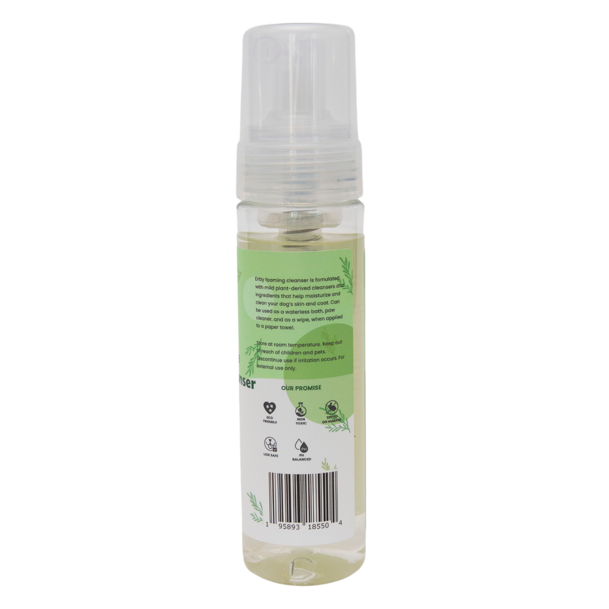 Drby foaming cleanser green bottle back label with barcode