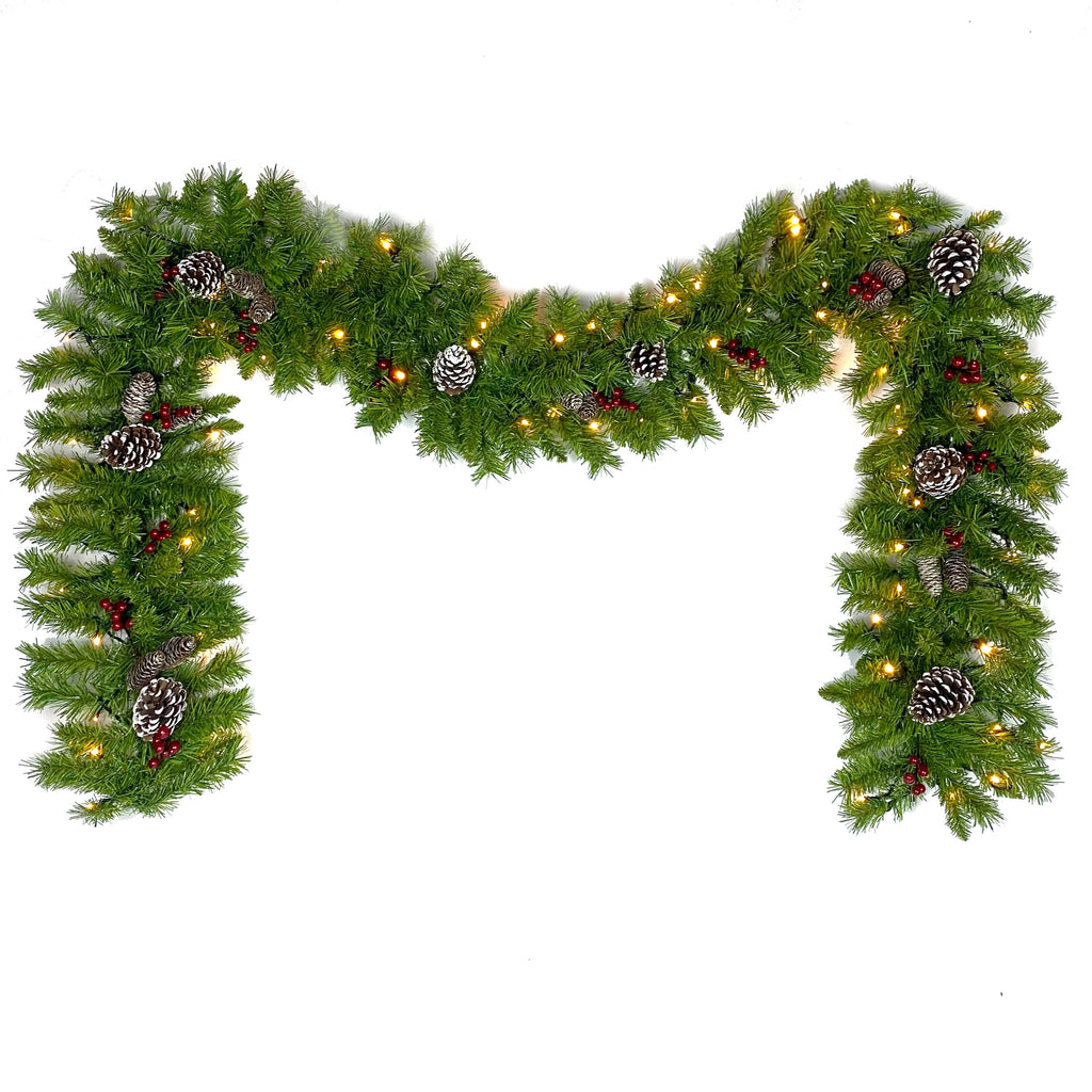 Pre-lit Christmas garland with pine cones and berries