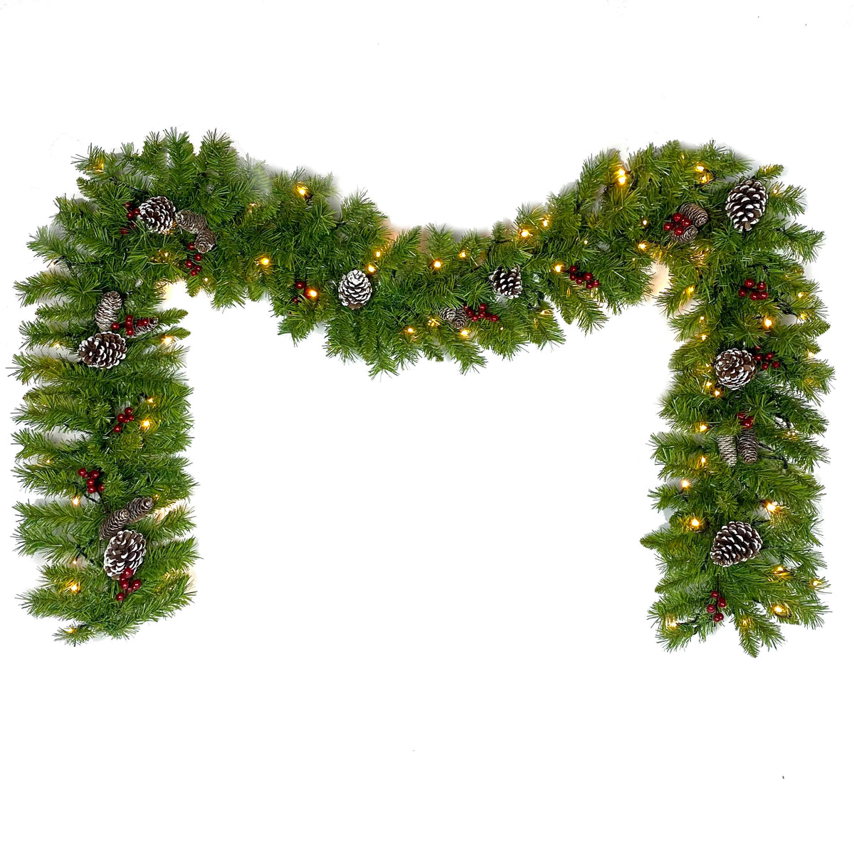 Pre-lit Christmas garland with pine cones and berries