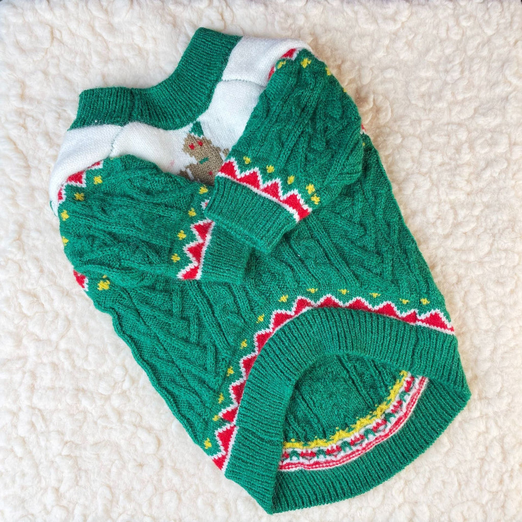 Green cable knit Christmas dog sweater, flat lay