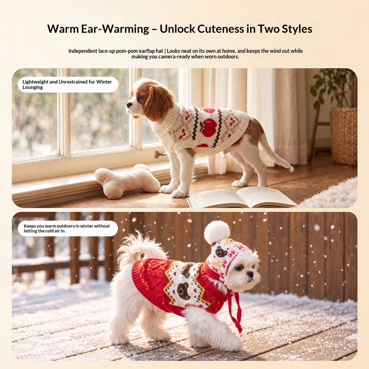 Dog wearing the white cable knit sweater set indoors and outdoors