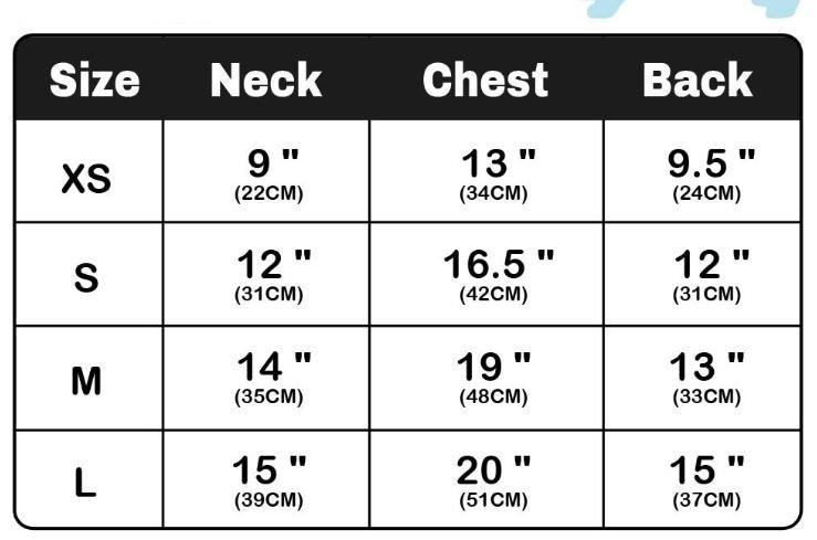 Christmas dog outfit size chart — XS to L neck, chest and back measurements