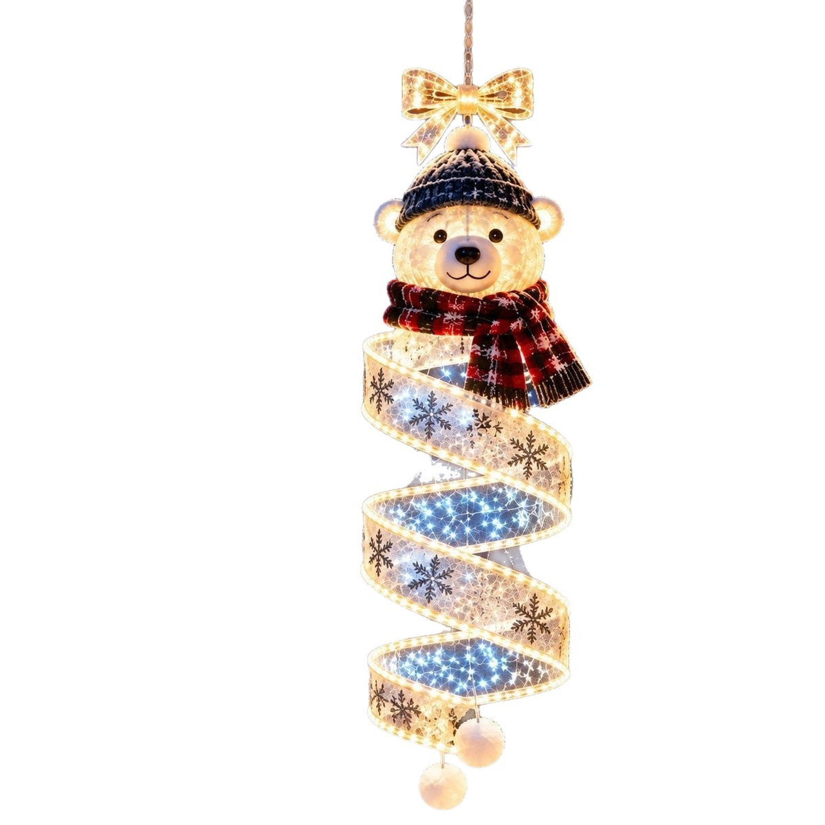 Snowman LED hanging decoration with a spiral ribbon and snowflakes