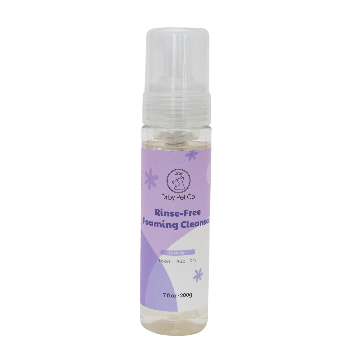 Drby rinse-free foaming cleanser bottle, purple label
