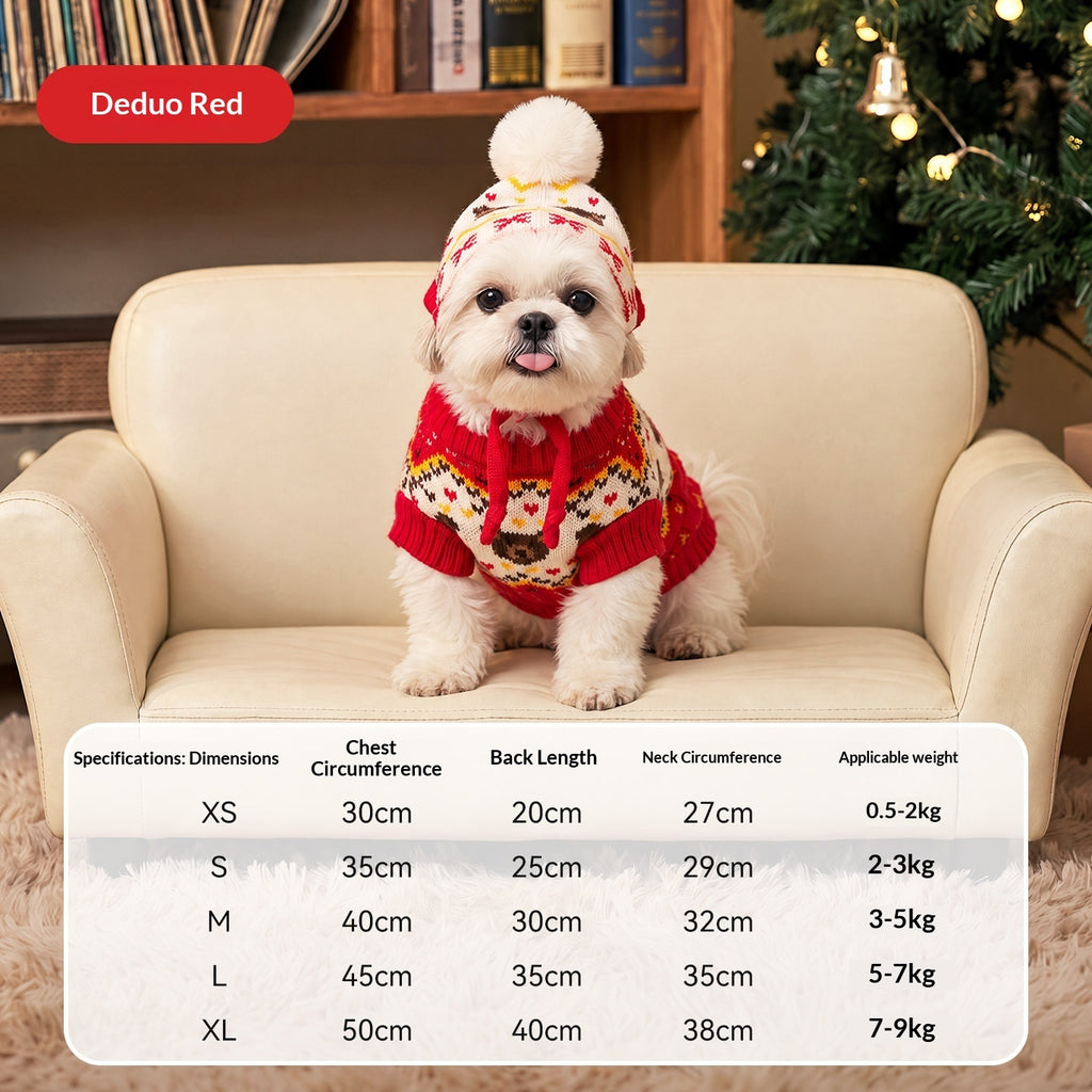 Small white dog wearing the red cable knit pet sweater and hat, with size chart