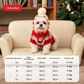 Small white dog wearing the red cable knit pet sweater and hat, with size chart