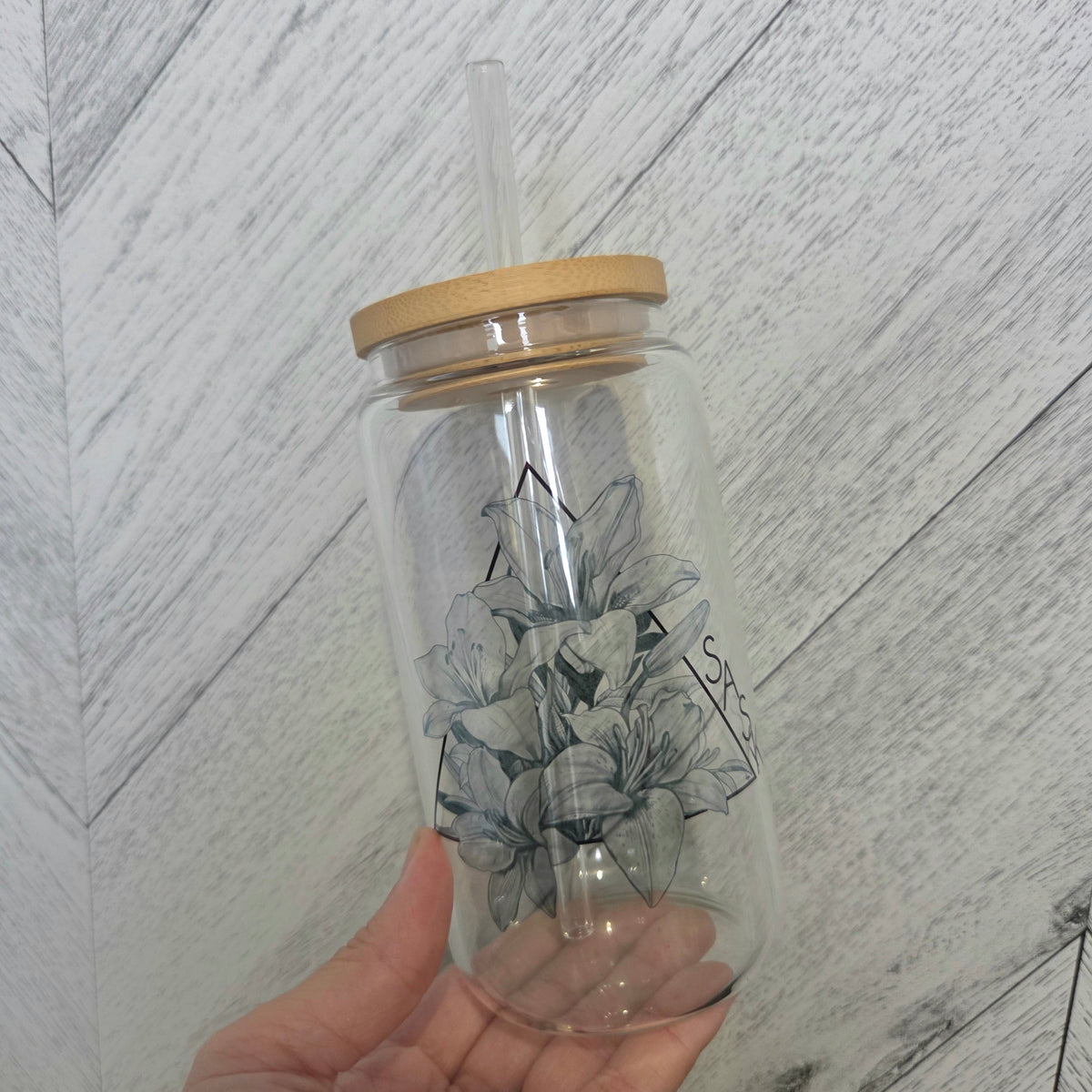 Lily Triangle Glass Can with Bamboo Lid product image