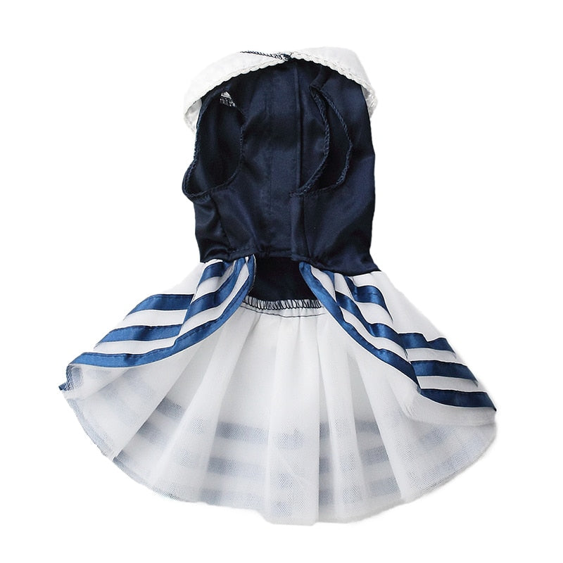 Navy sailor dog dress with white tutu skirt, back view