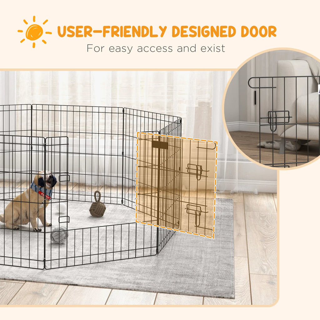 Dog playpen with easy-access door indoors, with a French Bulldog inside