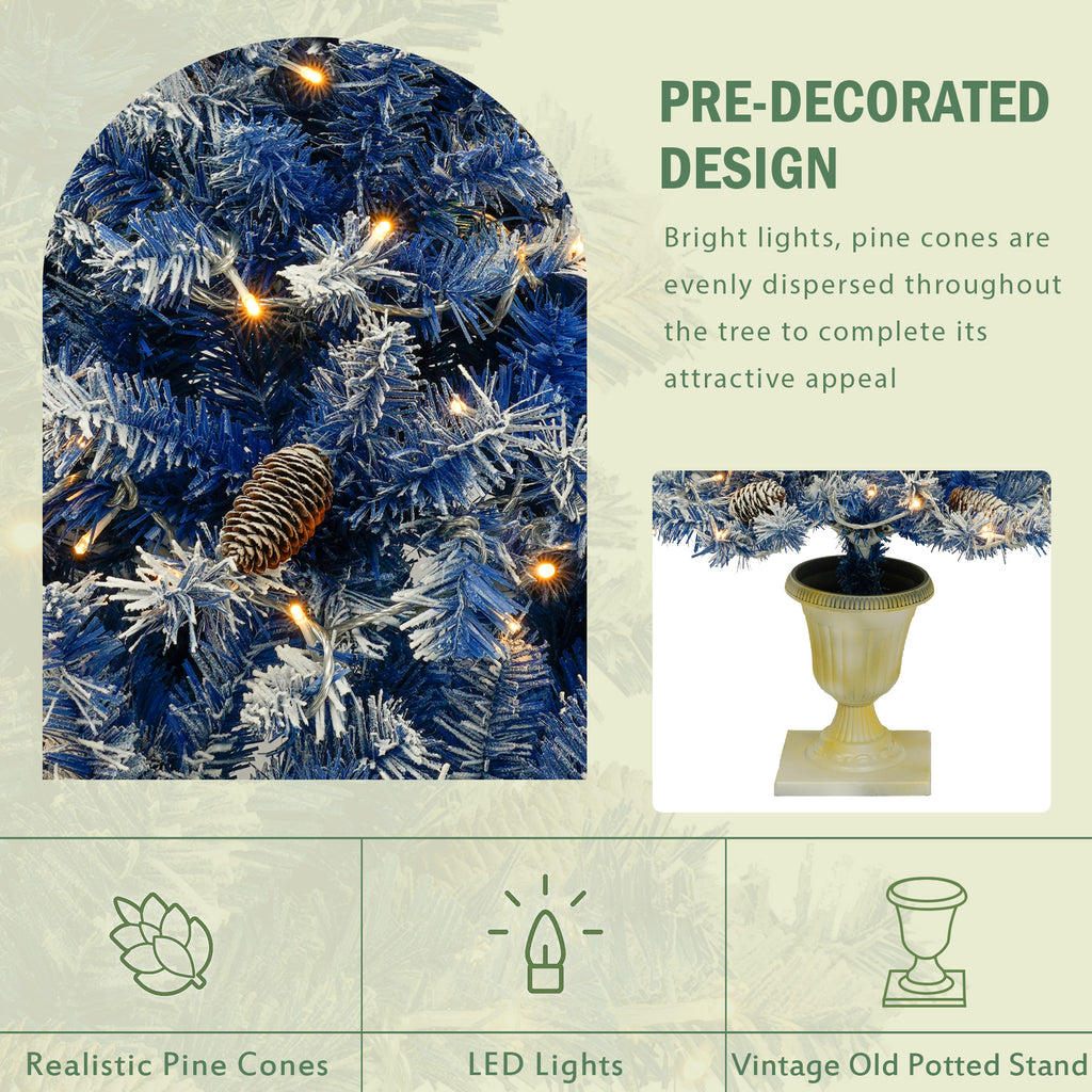 Pre-decorated design — pine cones, LED lights and vintage potted stand