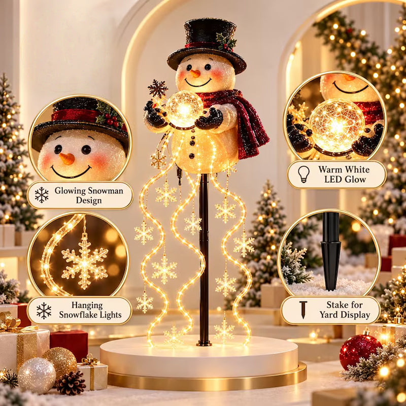 Snowman light details — warm white LED glow, hanging snowflake lights, yard stake