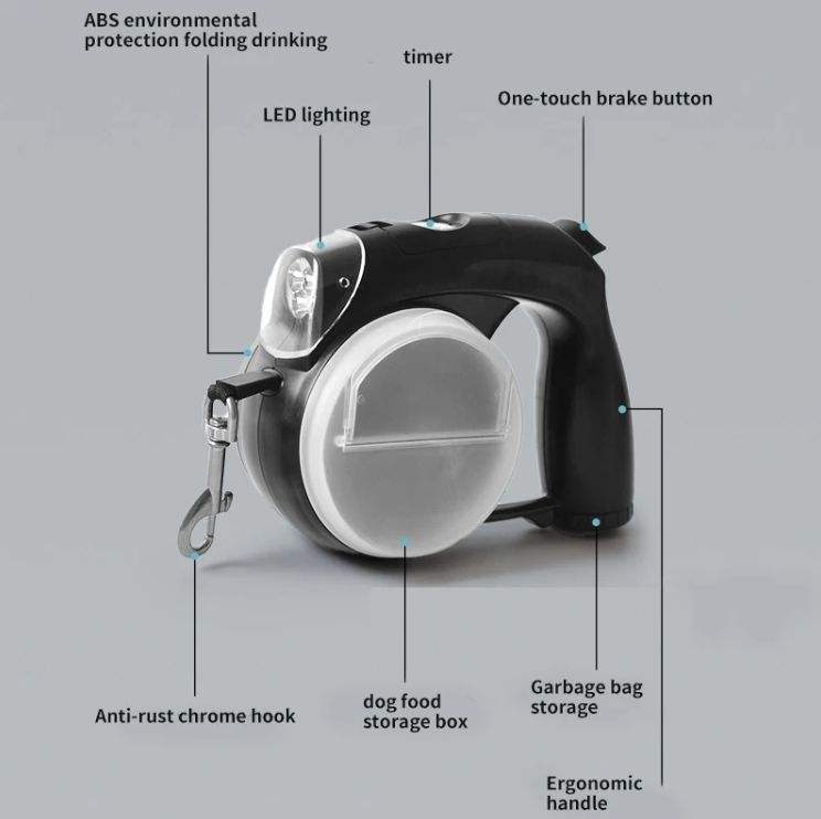 5 in 1 dog leash feature guide — LED light, brake button, food and bag storage