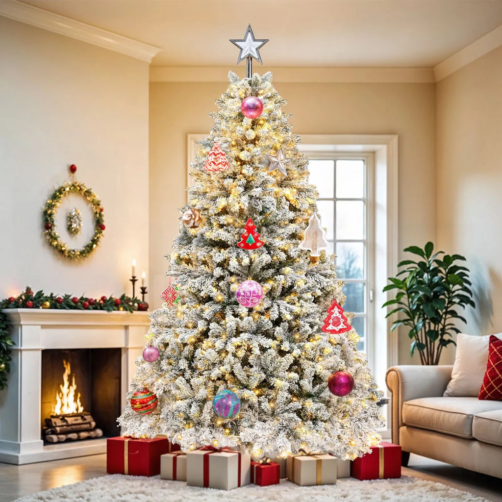 6ft pre-lit snow-flocked Christmas tree decorated by a fireplace by DealSpark