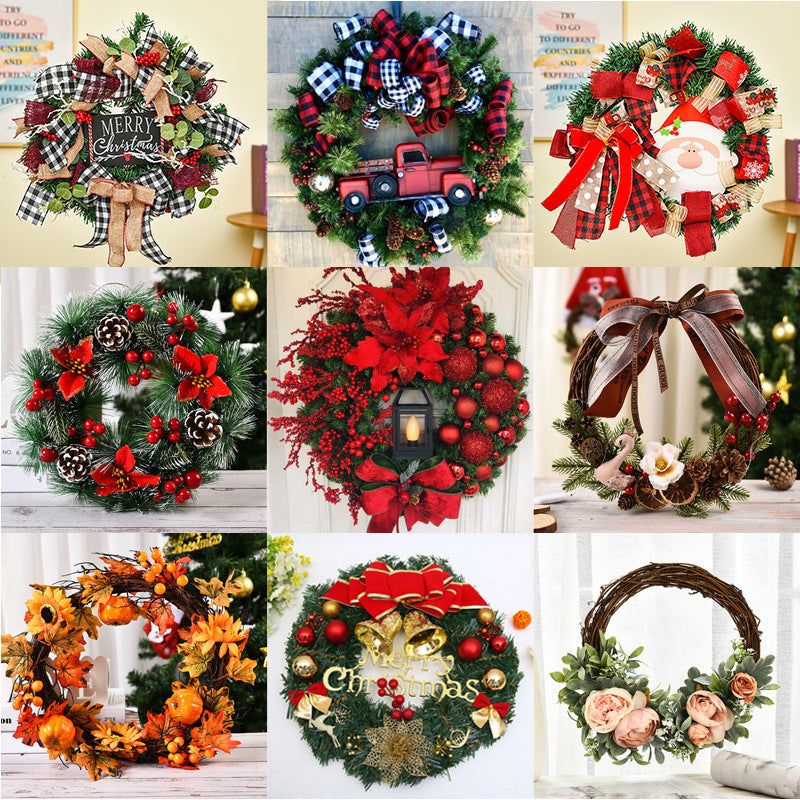 Wooden Christmas Garland Wreath Window Decoration – Red Berry Bowknot Holiday Decor, 30cm