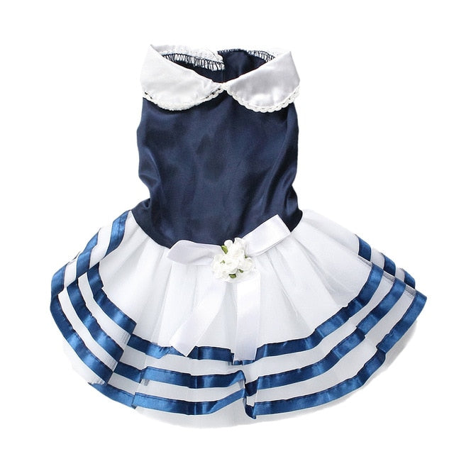 Navy sailor tutu dog dress with lace collar, front view