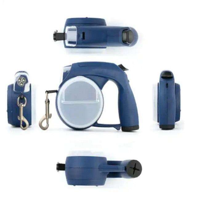 Retractable dog leash with folding water bowl shown from all sides