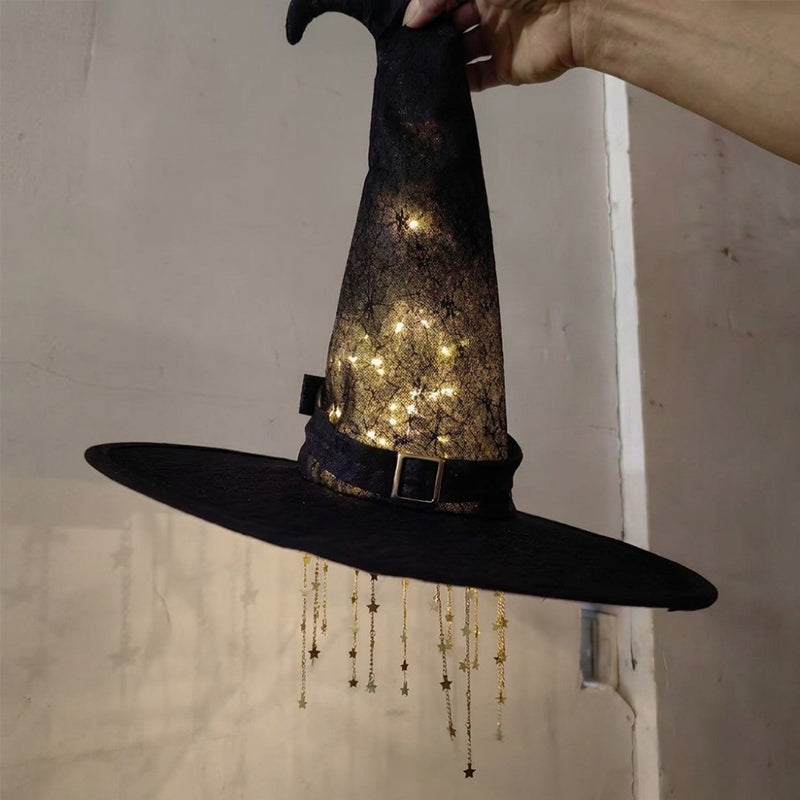 Lighted LED Witch Hat with Stars & Tassels