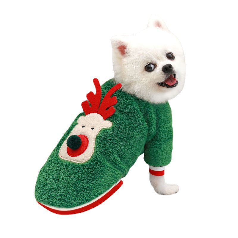 White Pomeranian wearing a green coral fleece Christmas dog sweater by DealSpark