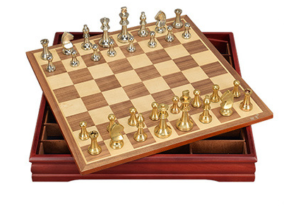 Metal chess set with gold and silver pieces on a wooden board with storage box by DealSpark