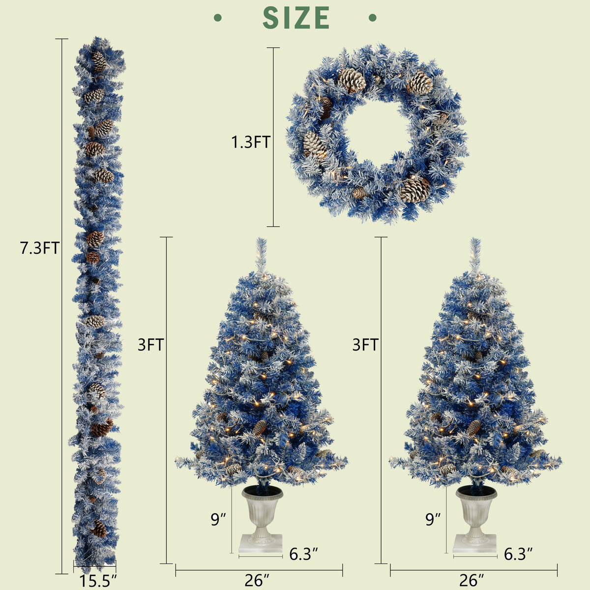 Blue Christmas set size chart — 3 ft trees, 7.3 ft garland and wreath