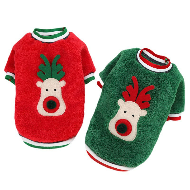Coral fleece Christmas dog sweaters in red and green with reindeer faces