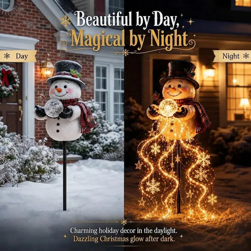 Snowman garden light by day and glowing at night