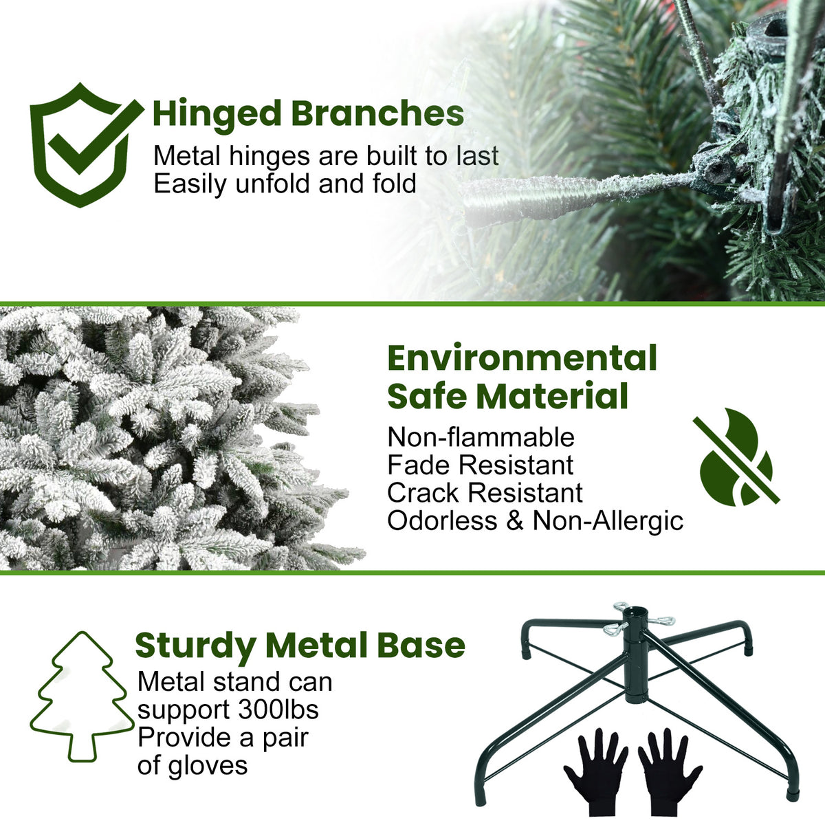 Hinged branches and sturdy metal base — flocked tree features