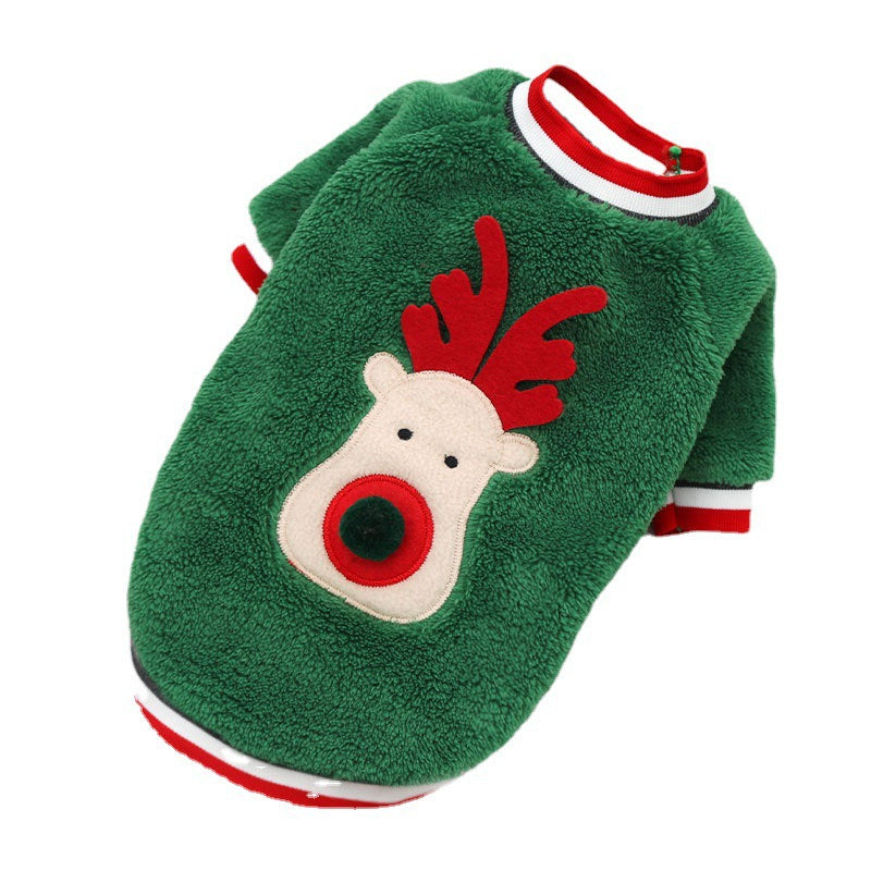Green coral fleece dog sweater with reindeer face, flat lay