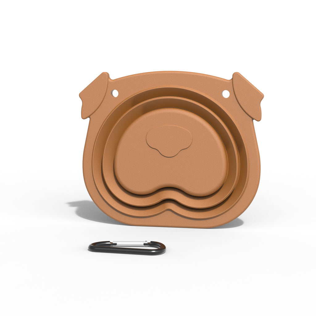 Folded flat silicone travel bowl with carabiner clip