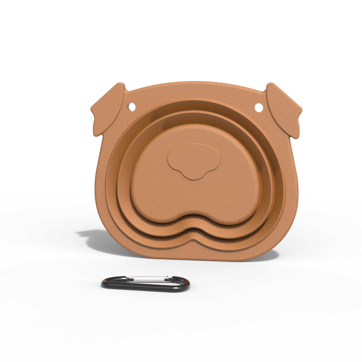 Folded flat silicone travel bowl with carabiner clip