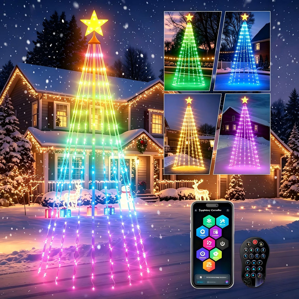 Outdoor Christmas tree wrapped in smart rainbow LED lights with app control