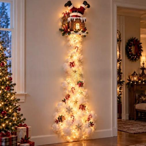 Santa chimney wall light glowing in a living room