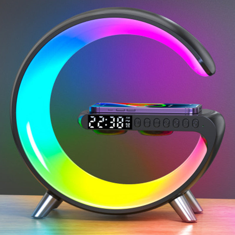 G-shaped LED lamp with rainbow glow, clock and wireless phone charging by DealSpark
