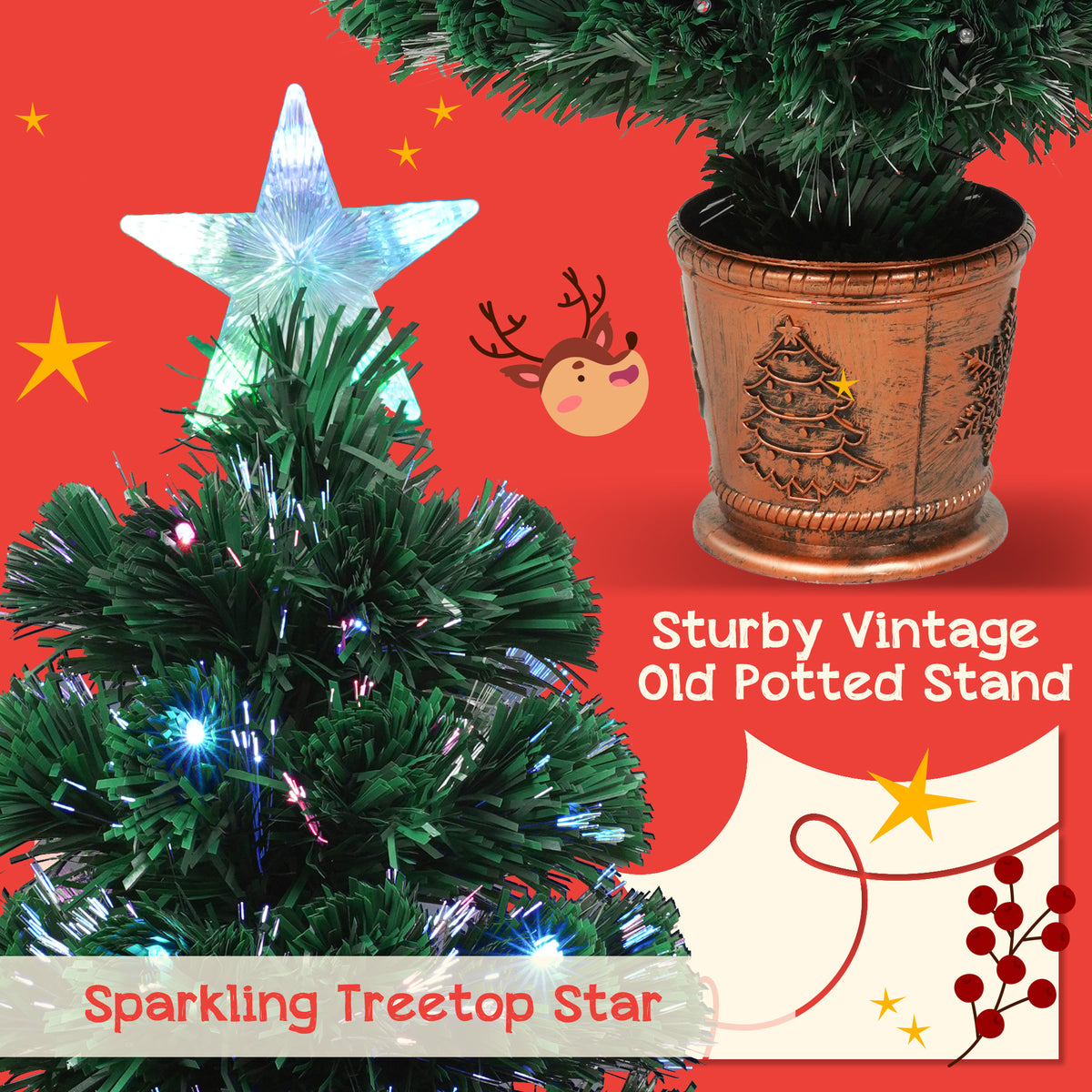 Close-up of the fibre optic tree top with a sparkling star and potted stand