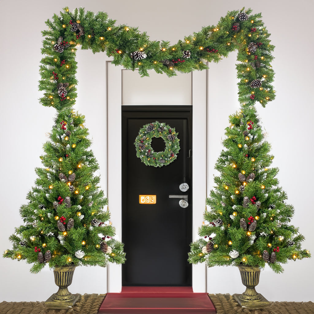 Pre-lit Christmas doorway set — two entrance trees, garland and wreath by DealSpark
