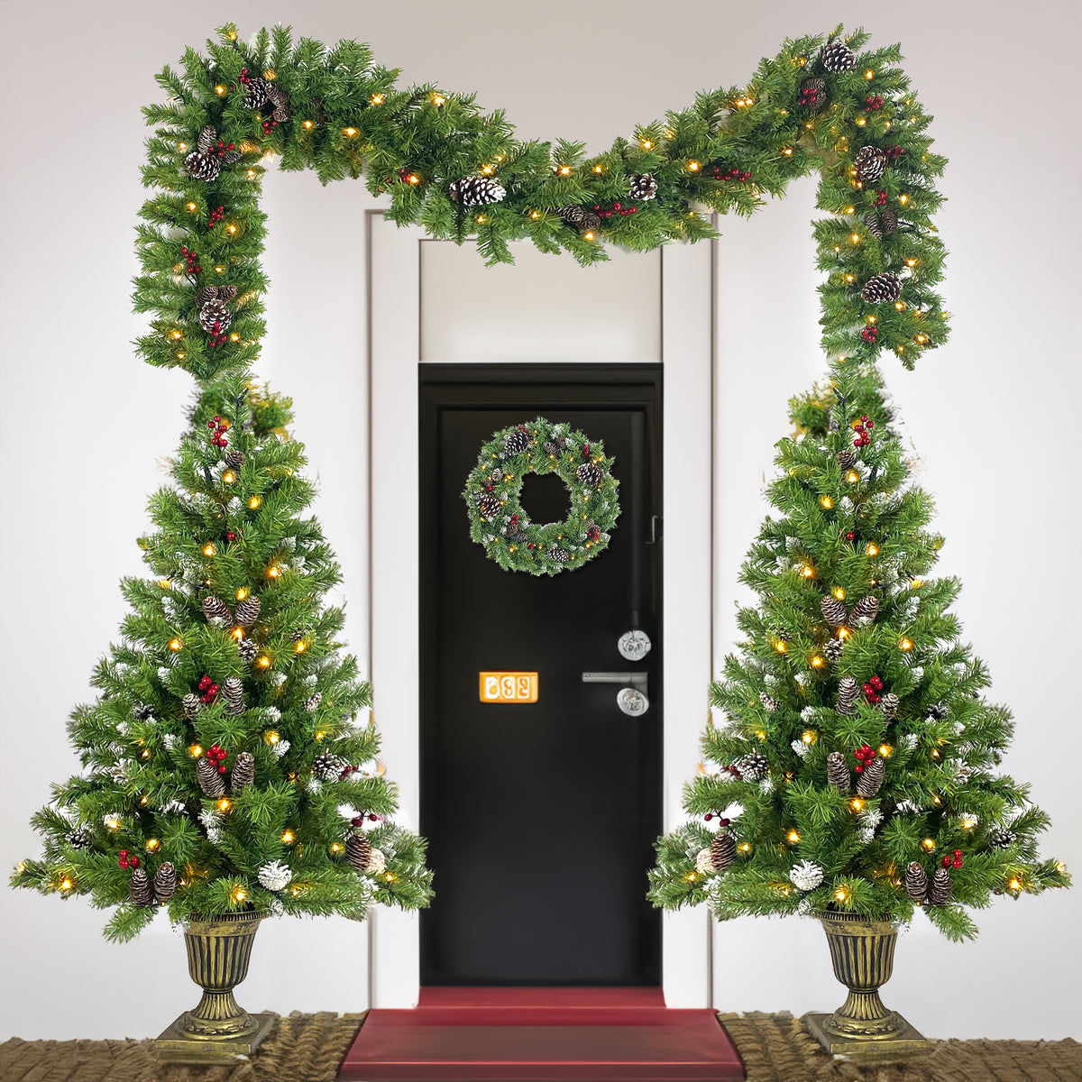 Pre-lit Christmas doorway set — two entrance trees, garland and wreath by DealSpark