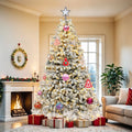 Pre-lit flocked Christmas tree with warm lights and presents