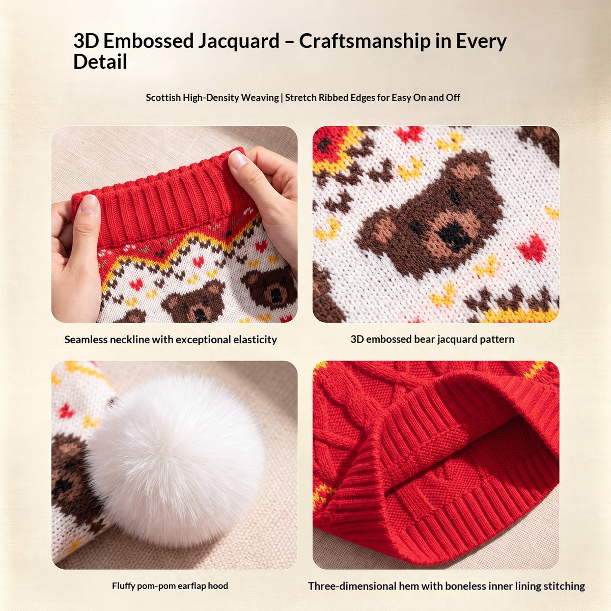 Cable knit pet sweater close-ups — knit detail, pom-pom and bear pattern