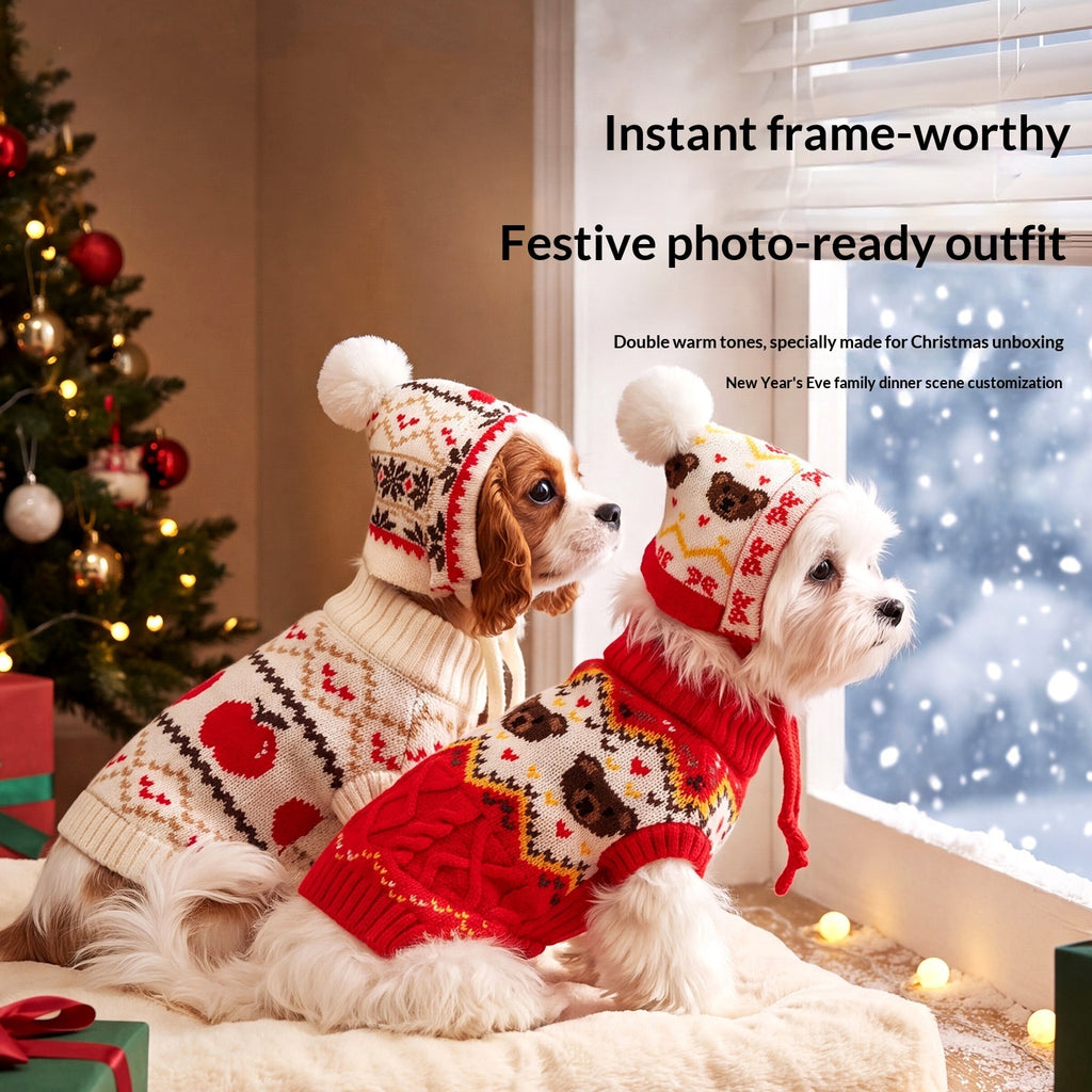 Two dogs wearing cable knit hooded pet sweaters with pom-pom hats by DealSpark