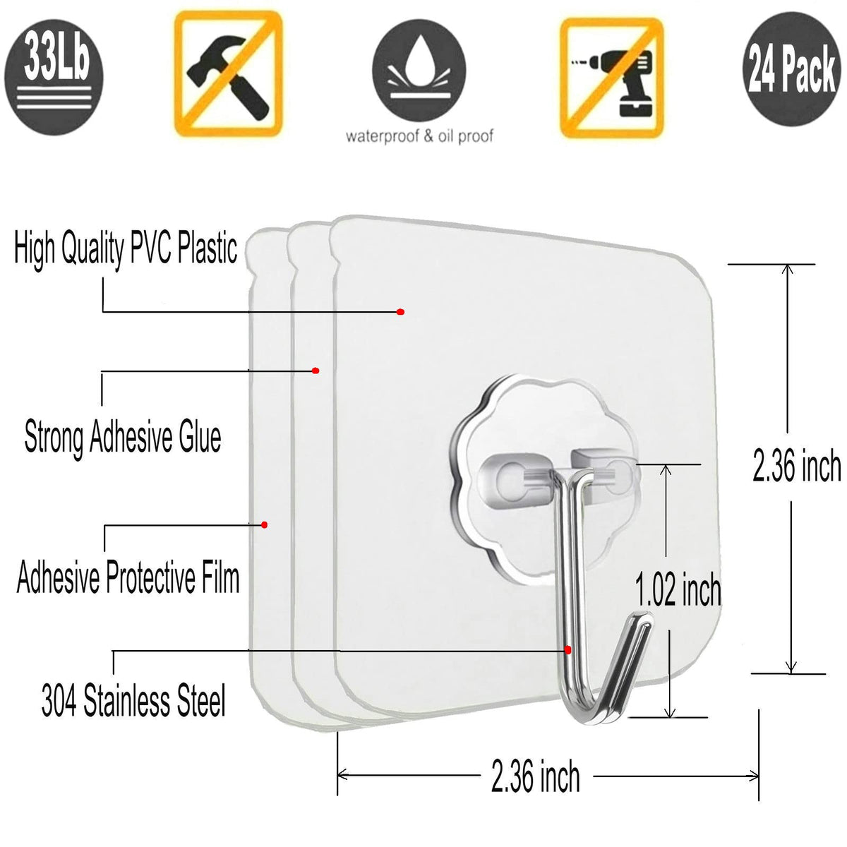 Jwxstore Heavy-Duty Clear Adhesive Wall Hooks — 24-Pack product image 2