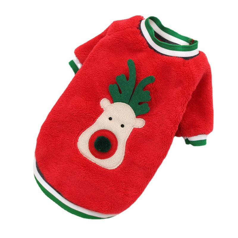 Red coral fleece dog sweater with reindeer face, flat lay
