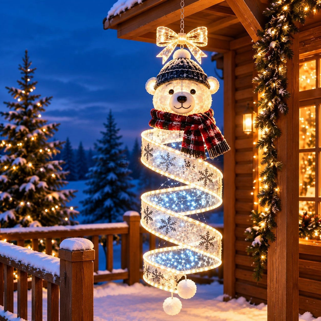 Snowman hanging light on a snowy porch