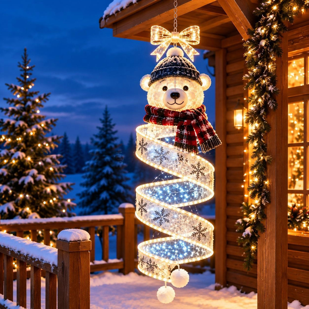 Snowman hanging light on a snowy porch